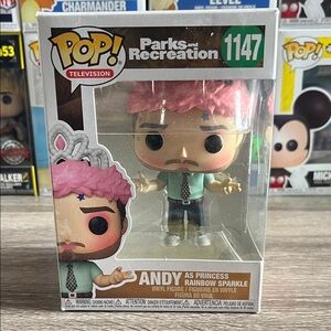 Funko Pop Andy as Princess Rainbow Sparkle with Pink Hair and Green Shirt